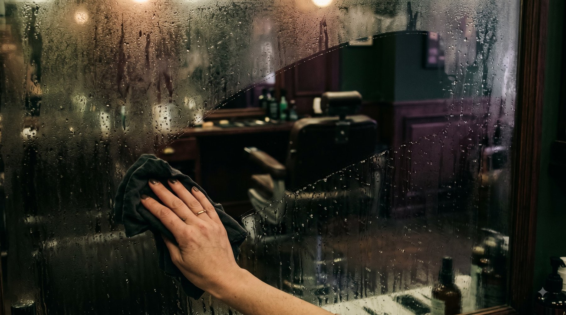 Steam wiped from the studio mirror